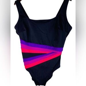 Longitude women’s Black Swimsuit with Purple and Pink Stripes size 12
